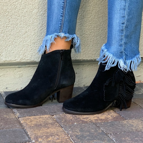 Distressed Black Suede Leather Fringe Ankle Boot - Picture 6 of 8